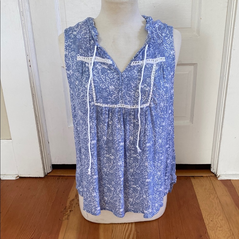 Cafe Marrakesh Sleeveless Blue‎ White Boho Tank Top Medium